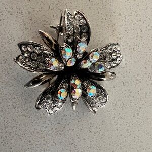 Vintage Silver Floral Crystal Brooch